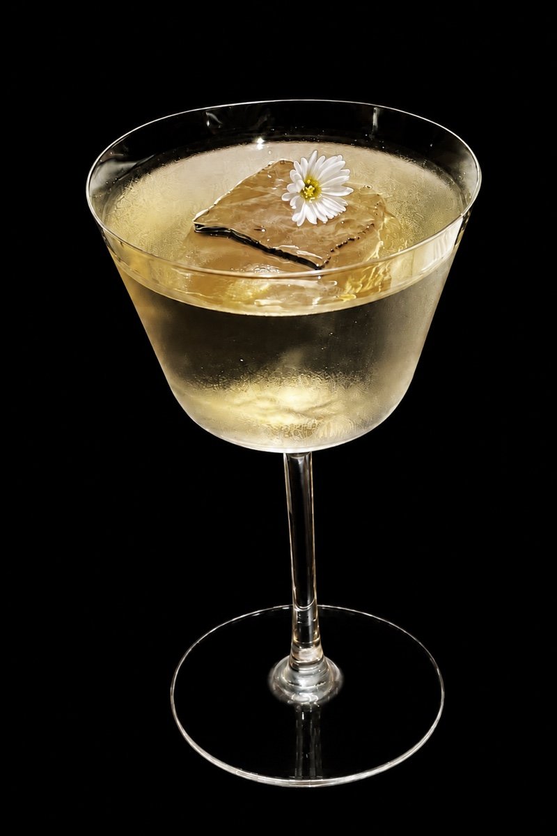 A Salon cocktail with a white flower garnish