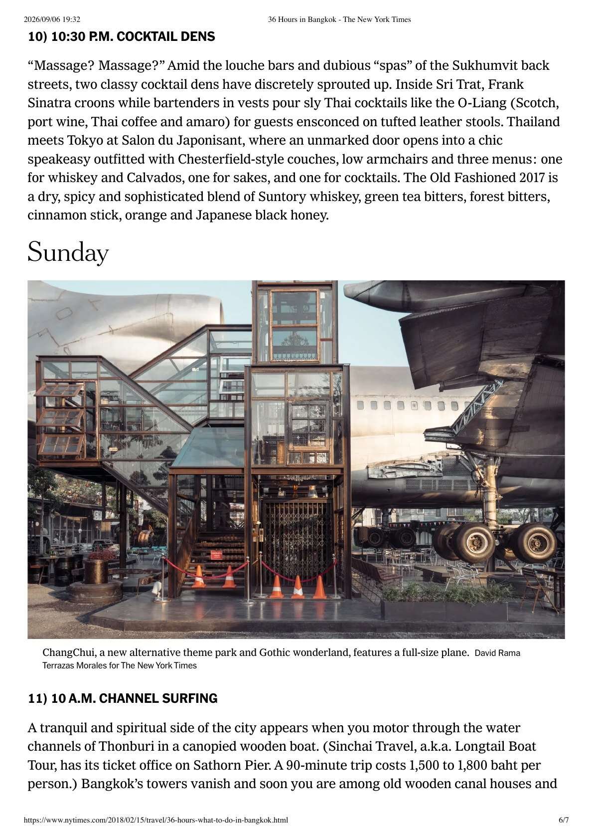 Page from The New York Times 36 Hours in Bangkok featuring Salon du Japonisant in the Cocktail Dens section
